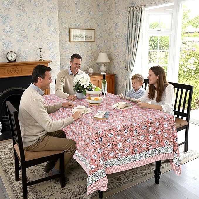 Ridhi Dark Salmon Pink Hand Block Print Cotton Rectangle Tablecloth 108" x 70" inches Reusable Table Cover Decorative Everyday Use for Dining Room, Farmhouse, Home Gift for Spring, Mother's Day