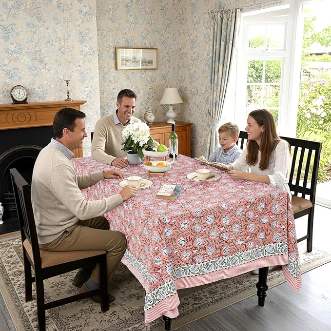 Ridhi Dark Salmon Pink Hand Block Print Cotton Rectangle Tablecloth 118" x 70" inches Reusable Table Cover Decorative Everyday Use for Dining Room, Farmhouse, Home Gift for Spring, Mother's Day