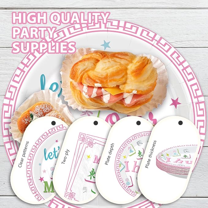 96Pcs Mahjong Party Supplies Mahjong Chinese Game Plates and Napkins Pastel Pink Green Tableware Set for Special Events Mah-Jong Game Night Girls Bachelorette Bridal Shower Birthday Supplies Serves 24