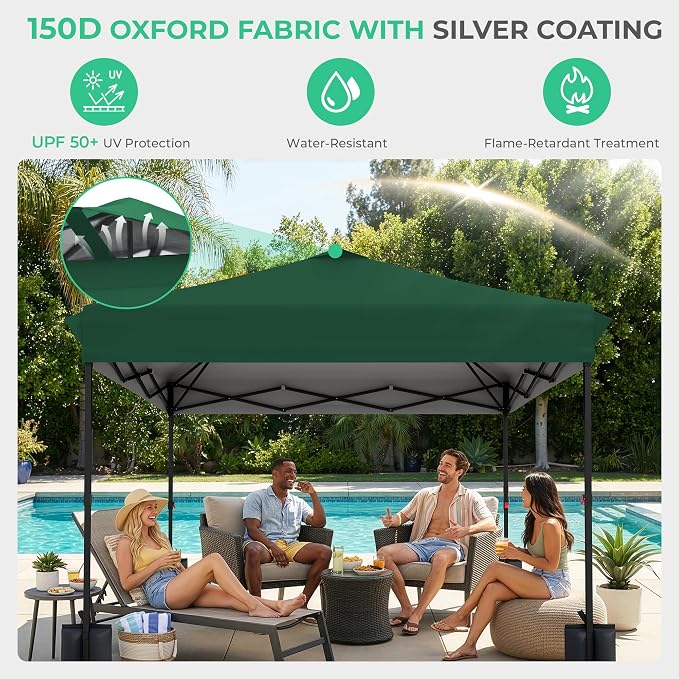 JEAREY 10x10 ft Pop Up Canopy Tent, Heavy Duty Outdoor Canopy with 1-Push Instant Setup, Commercial Tent with Roller Bag, 4 Sandbags and 8 Stakes, Water-Resistant – Dark-Green