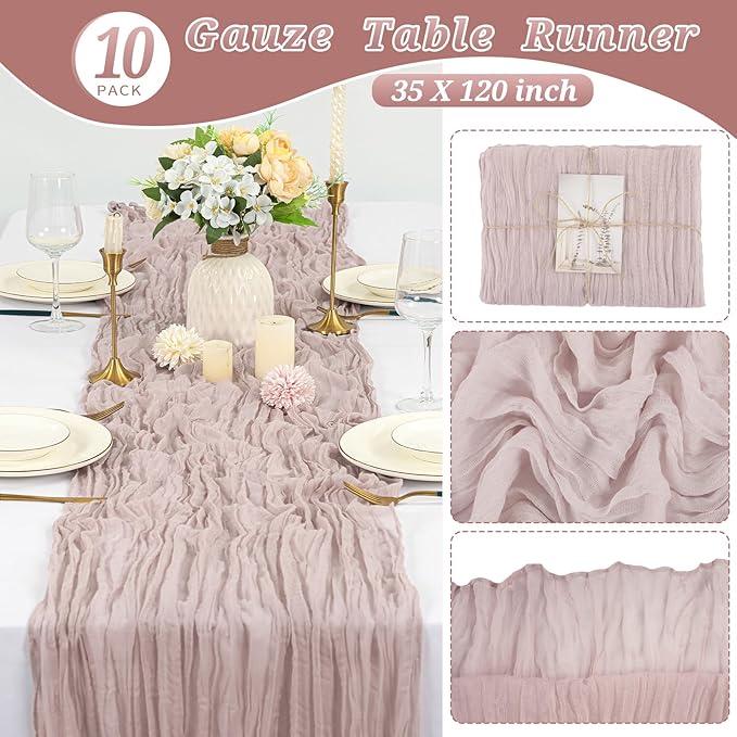 10 Pcs Dusty Pink Cheesecloth Table Runner 10FT, Gauze Table Runner for Wedding Reception Sheer Bridal Shower Birthday Party Boho Table Decoration, Rustic Romantic Wedding Runner