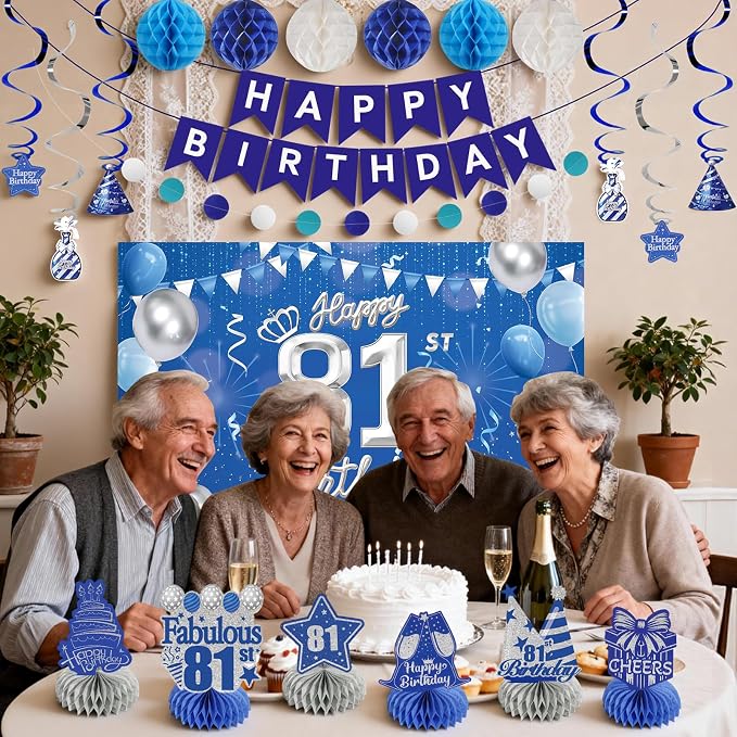 Happy Birthday Party Decoration Set: Including Birthday Banner Backdrop, Party Table Centerpieces and Hanging Swirl Party Streamers, Birthday Decor Suppliers for Men and Women (Blue, 81st Birthday)