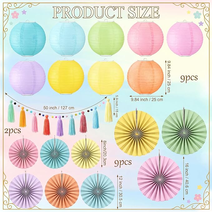 Feifeiya 20 Pcs Pastel Party Decorations for Classroom include 9 Hanging Paper Lanterns 9 Paper Fans 2 Pastel Rainbow Tassel Garland for Classroom Home Decor Birthday Baby Shower Wedding Supplies