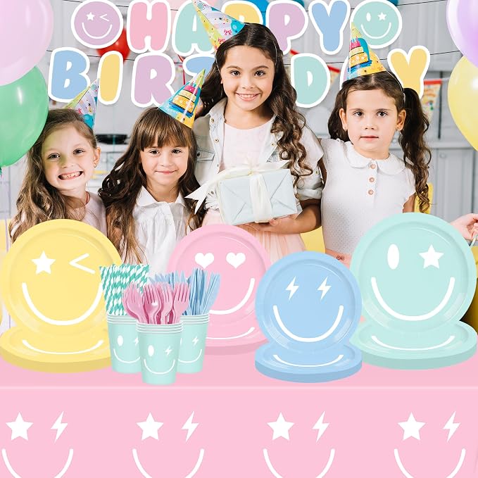 199PCS Smiley Face Birthday Decorations Smile Pastel Themed Preppy Theme Plates and Napkins Set,Balloon, Banner,Tablecloth, Hanging,Cupcake Topper,Smiley Pastel Birthday Party Supplies Serve 24 Guests