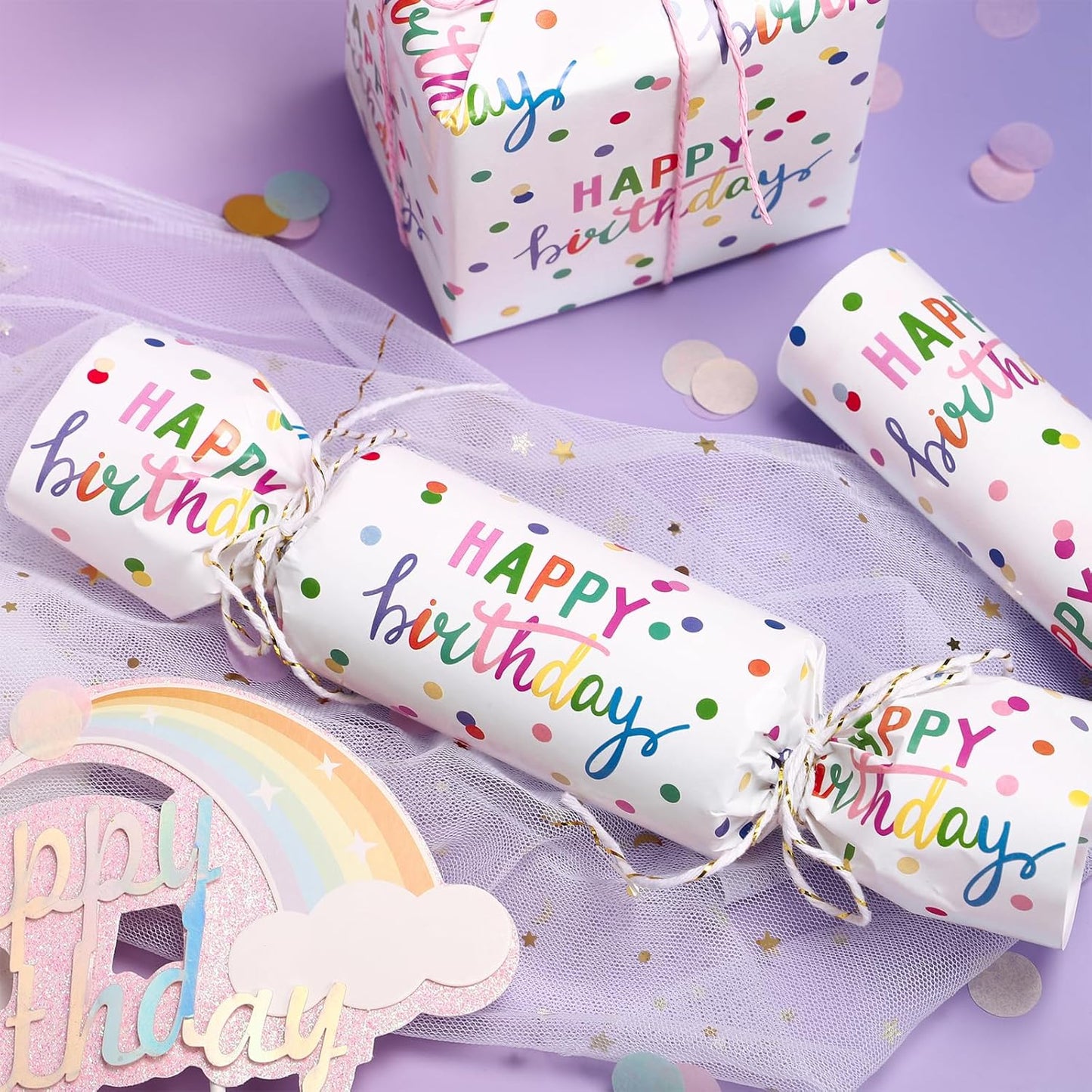 LeZakaa Birthday Wrapping Paper Roll, Happy Birthday Lettering & Colored Polka Dots Design in White for Holiday, Party, Baby Shower, 17 inches x 32.8 Feet (46.45 sq.ft.)