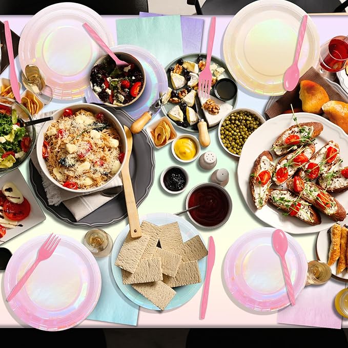 Iridescent Pastel Plates and Napkins Serve 50, Pastel Rainbow Holographic Party Plates Supplies, Disposable Paper Plates Napkins Cups Knives Forks for Birthday Wedding Baby Shower Party Decorations