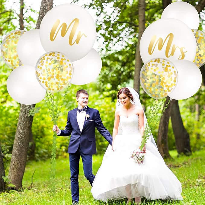 Wettarn 15 Pcs Giant Wedding Decor Kit 36 Inch Jumbo White Mr. Mrs. Balloons with Paper Tassel 24 Inch White Large Married Balloons with 65ft Leaf Ribbon for Wedding Engagement Party Decorations