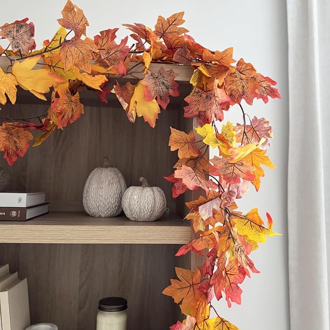 CQURE 16 Pack Fall Leaf Garland, 5.9Ft Autumn Garland Artificial Maple Leaf Fall Maple Leaves Hanging Vines Thanksgiving Decor for Home Christmas Fireplace Party