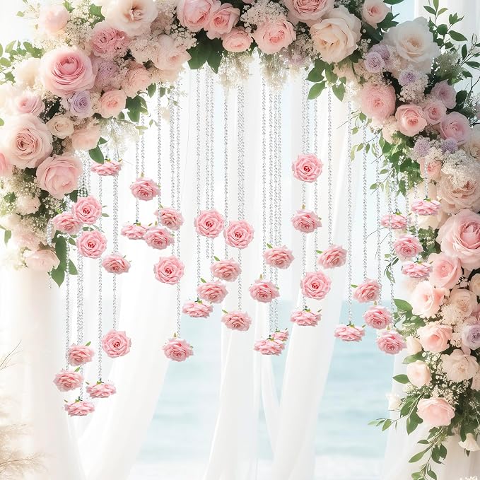 FYSUIMU 24Pcs 31.5 Inch Wedding Pink Artificial Rose Vine Garland Faux Flower Crystal Bead Hanging Garland for Valentine Birthday Wedding Party Decoration DIY Crafts Supplies
