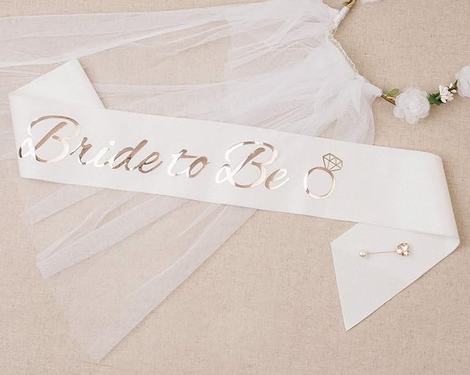 PapaKit Premium Bride to Be Party Sash, Floral Veil & Jewelry Pin Set, Glitter Sparkling Pearl White | Bachelorette Bridal Shower Engagement Wedding Party Favor Gift Decoration Supply