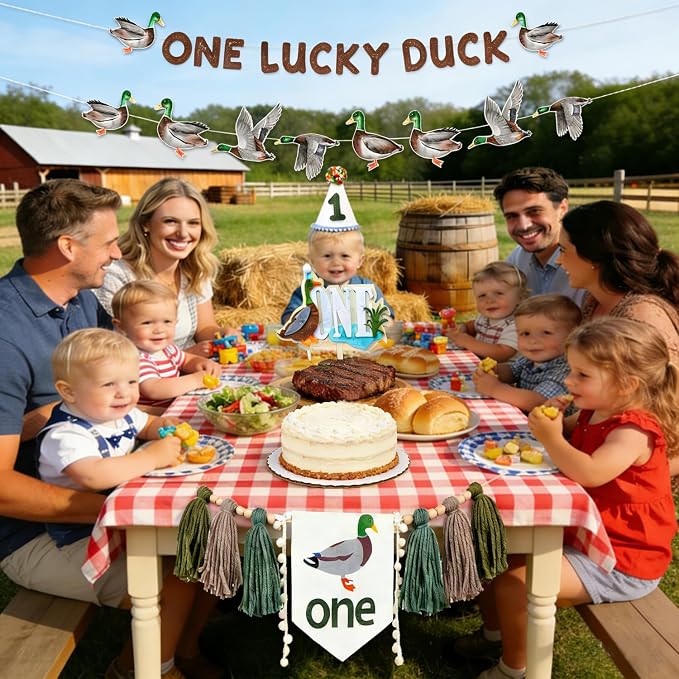 One Lucky Duck 1st Birthday Decorations- Mallard Duck Hunting High Chair Banner，One Lucky Duck Highchair Banner First Birthday with Cake Topper, Party Hat Mallard Duck Birthday Party Supplies