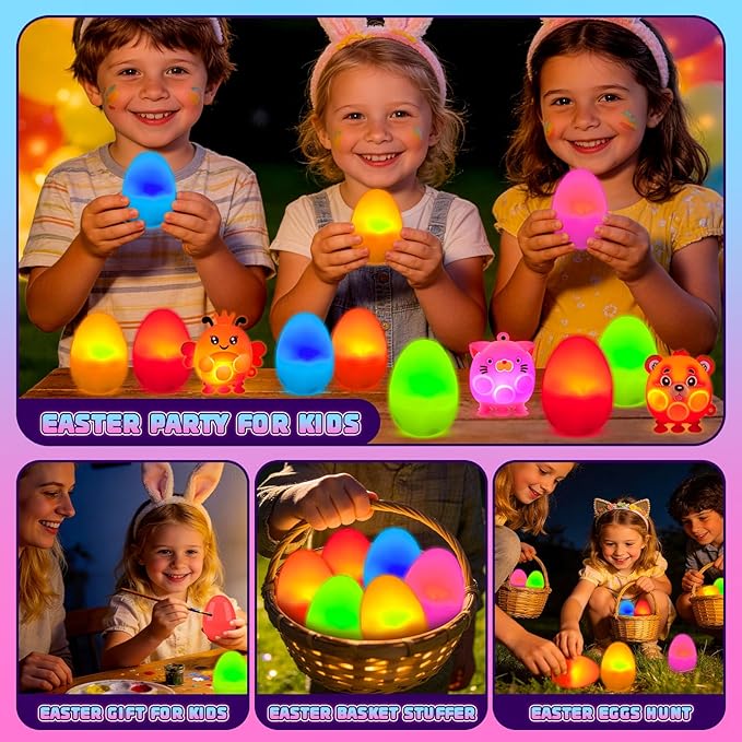 ChildFun Prefilled Easter Eggs with Light Up 3D Animal Pop Toys, 24 Pack Easter Eggs Filled, Easter Basket Stuffers for Toddler Eggs Hunt, Glow in The Dark Easter Egg, Easter Gifts for Kids