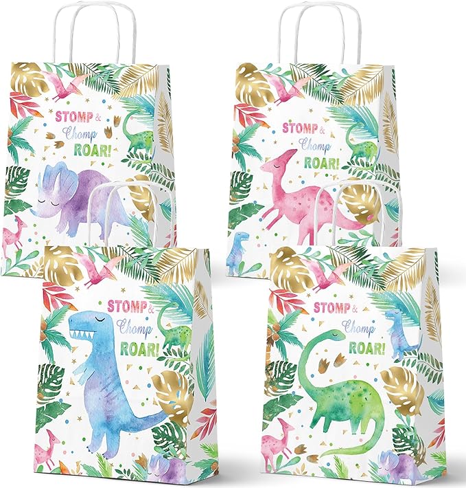 HaPiBiDesign Dinosaur Party Favor Bags, 24 Pack Dinosaur Goodie Bags with Handles, Girl Dinosaur Gift Bags, Pink Dinosaur Treat Bags for Kids Birthday Party, Dinosaur Party Supplies