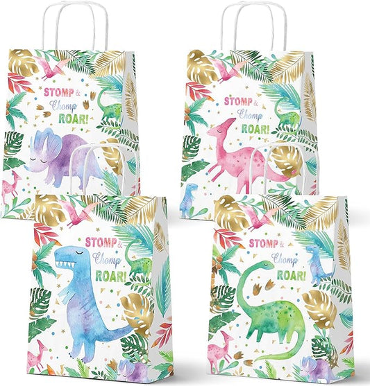 HaPiBiDesign Dinosaur Party Favor Bags, 24 Pack Dinosaur Goodie Bags with Handles, Girl Dinosaur Gift Bags, Pink Dinosaur Treat Bags for Kids Birthday Party, Dinosaur Party Supplies