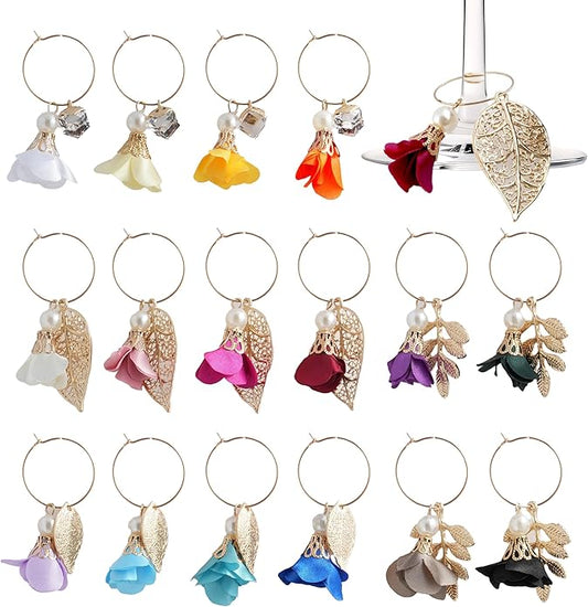 Cheerland Wine Glass Charms Gold Floral Pearl Drink Tags for Stem Glasses Champagne Cocktail Markers Bar Parties Christmas Bridal Party Favors Wedding Birthday Decorations Supplies 16 Pcs