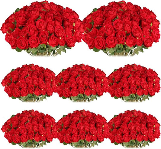 100 Pcs Artificial Silk Roses Flowers Bulk Realistic Long Stem Faux Flower Bouquet for Wedding Centerpieces, Valentine's Day Decor, Home Arrangements, Table Decorations(Red)