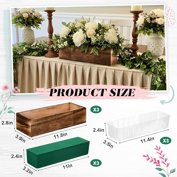 Dandat 3 Set Wood Boxes for Centerpieces 12x4 Inch Rectangle Wooden Planter Box Rustic Wood Planter with Removable Plastic Liner Floral Foam Blocks for Centerpieces Home Wedding Garden Decor