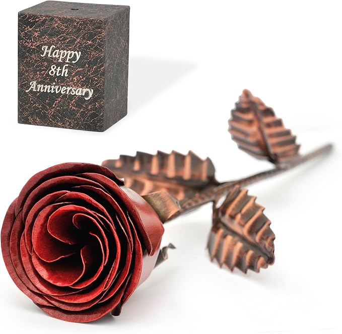Personalized Bronze Anniversary Rose – 8th or 19th Wedding Anniversary Present, Custom Engraved Solid Copper Flower with Deep Red Bloom – 12 Inch Keepsake