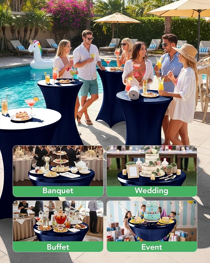 Cocktail High Top Table Covers - 32x43 Inch Fitted Spandex Round Cocktail Tablecloth for Bar Height Standing Table Cloths Reusable, for Party Wedding Banquet Event Decorations, Shiny Navy, 8 Pack
