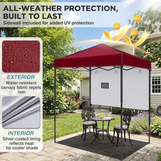 EAGLE PEAK 6x4 Instant Pop Up Canopy Tent with 1 Half Wall Panel, Straight Leg Sun Shelter, Portable Canopy with Carry Bag for Camping, Beach & Sports, Burgundy