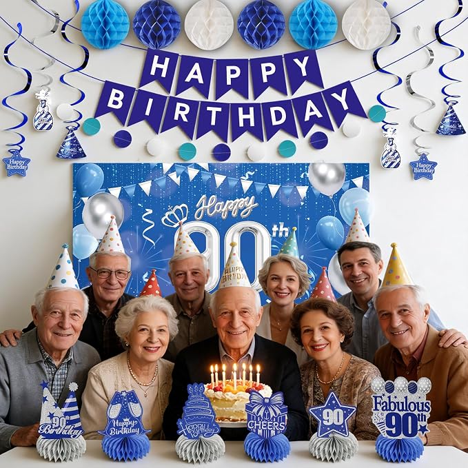 Happy Birthday Party Decoration Set: Including Birthday Banner Backdrop, Party Table Centerpieces and Hanging Swirl Party Streamers, Birthday Decor Suppliers for Men and Women (Blue, 90th Birthday)