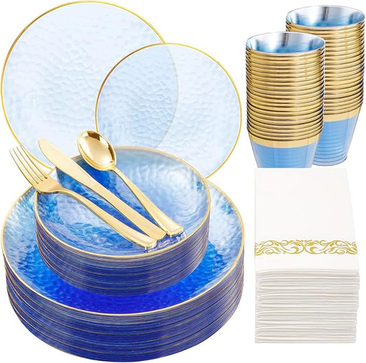 DaYammi 175PCS Clear Blue Gold Plastic Dinnerware Set for 25 Guests, Hammered Disposable Plates for Party, Include: 25 Dinner Plates, 25 Dessert Plates, 75 Gold Silverware, 25 Napkins, 25 Cups