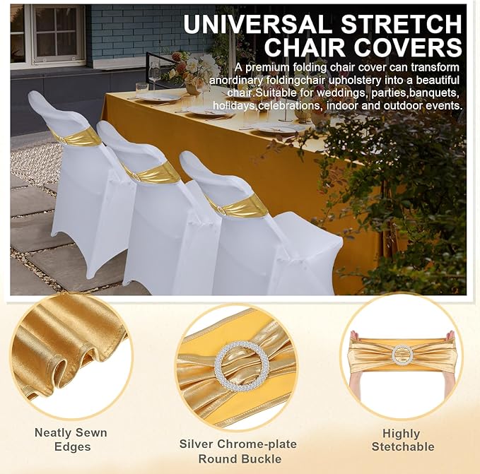 Preboun 50 Pack White Folding Chair Cover Set with 25 Spandex Chair Slipcovers 25 Sequin Chair Sashes Bow Washable Chair Protector Chair Cover for Party Wedding Banquet Event(White, Gold)