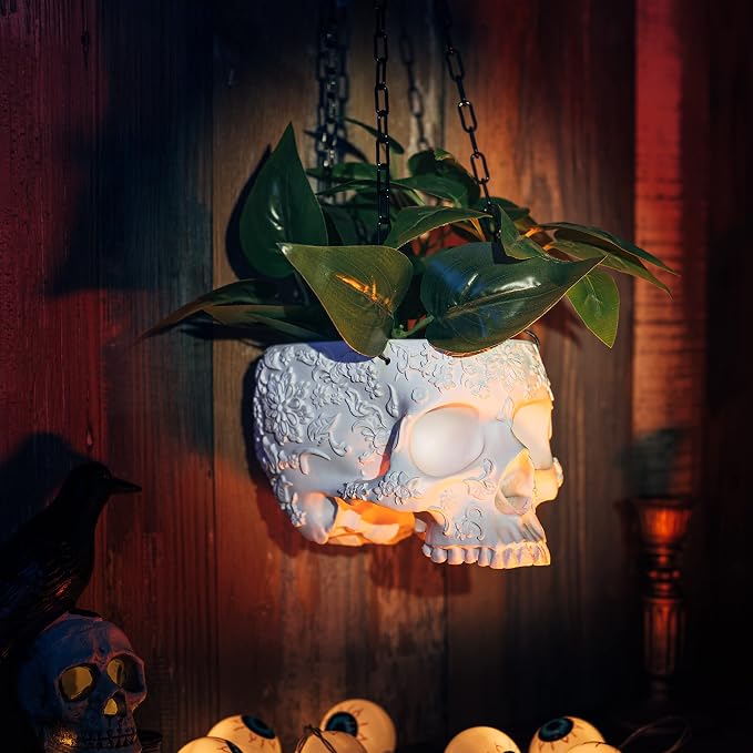 Hanging Skull Planter Pot with Chain and Hook Gothic Skeleton Candy Bowl Trick or Treat Bucket Spooky Skull Flower Pot Creepy Horror Home Decor Outdoor Indoor Garden Decoration 6 Inch White Planter