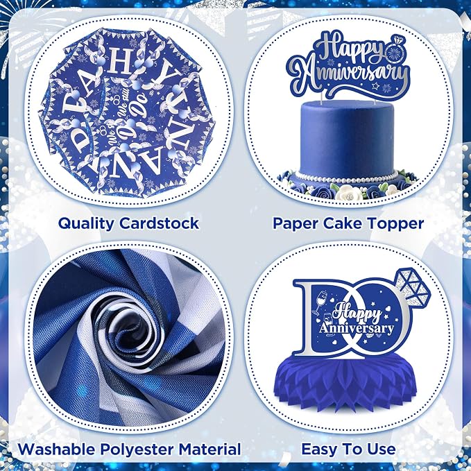 Blue Silver Wedding Anniversary Decorations Set Blue Happy Anniversary Banner Hanging Letter Banner Table Honeycomb Centerpieces Hanging Swirls Cake Topper for Men Women Wedding Anniversary Party