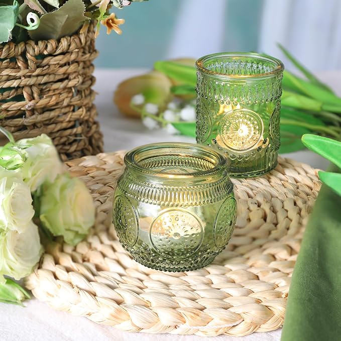 12pcs Assorted Green Votive Candle Holders for Wedding Table Decorations, Glass Tea Lights Candle Holder for Bridal Shower, Baby Shower Decrations, Boho Tea Party Decor, Wedding Party Gifts for Guests
