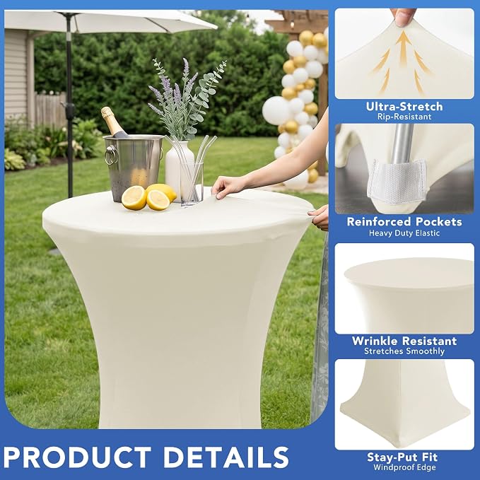 Cocktail Table Covers-Spandex Round High Top Table Cloths 6 Pack 32x43 Inch-Cream Stretch Fitted Bar Tall Tablecloth for Pub Bistro Highboy Party Event Banquet Height Folding Satnding Tables