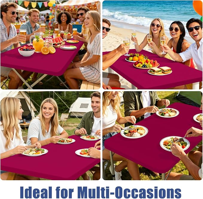 Moosfor Spandex 6 Foot Rectangle Table Cloth 4 Pack, Elastic Fitted Tablecloths for Picnic, Stretch Washable Patio Table Cover for Outdoor, Camping, Banquet and Parties (Fuchsia, 30"x72")