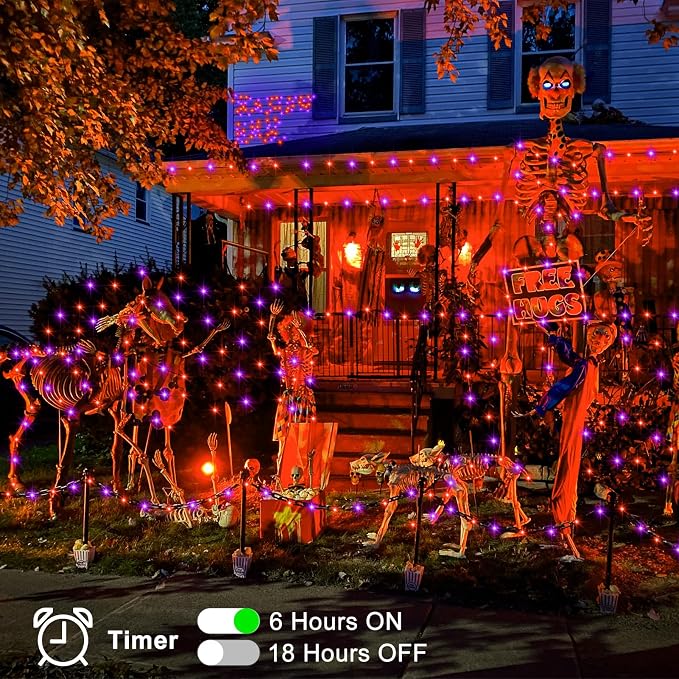 ZAIYW Halloween Fairy Lights Battery, 4 Pack 16.5Ft 50 LED Fairy Lights with Remote Control Timer 8 Modes, Black Copper Wire Twinkle Lights for Indoor Outdoor Halloween Decor (Purple Orange)