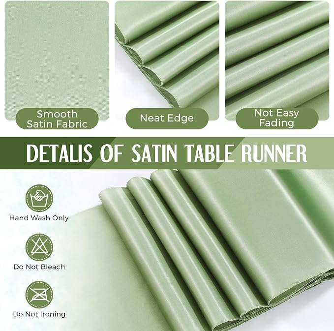 Breling 8 Pack White and Sage Green Disposable Plastic Tablecloths and Satin Table Runner Set, 54 x 108 Inch Tablecloth, 12 x 108 Inch Table Runners for Wedding Graduation Birthday Baby Shower