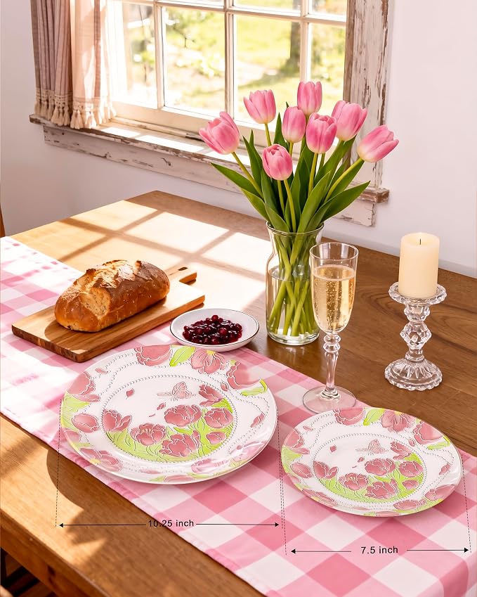 Hioasis 60pcs Plastic Disposable Plates Set - Pink Tulip & Butterfly Pattern with Pearl Trim, 10.25 Dinner & 7.5 Dessert Plates for Wedding,Anniversary,Party and Holiday