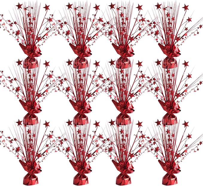 12 Pack Metallic Red Foil Spray Centerpieces Stars Brust Table Centerpieces for Wedding Birthday Anniversary Holiday Party Decor, Metallic Star Balloon Wights for Party, Table Decor for Party