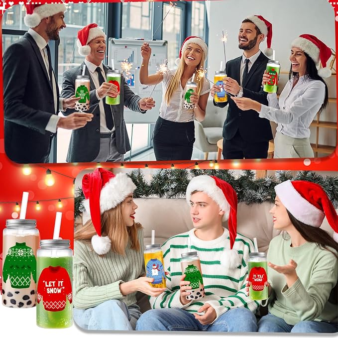 Skylety 30 Pcs Christmas Plastic Cups with Lids and Straws 13.5 oz Winter Sweater Reusable Plastic Tumbler Xmas Sweater Party Decor for Winter Holiday Women Birthday Wedding Party Supplies