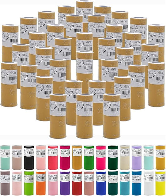 Expo International Decorative Matte Tulle, Lightweight Polyester Tulle Fabric for Tutus, Costumes, and Party Decorations, Washable, Easy-to-Use, 6 Inch x 25 Yards, Light Gold, Pack of 36