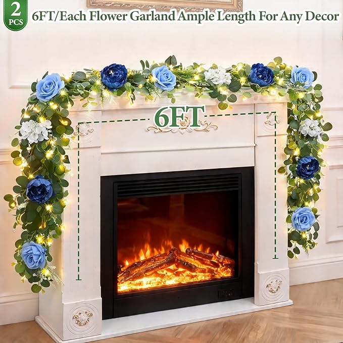 Livole 6 FT Artificial Flower Garland with Light Real Touch Fake Blue Floral Rose Peony Garland with Eucalyptus Flower Hanging Vine for Wedding Table Centerpieces Backdrop Party Arch Home Decor