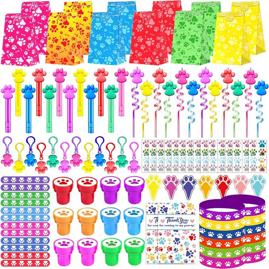 PLOUGVI 232Pcs Paw Print Party Favors Supplies Decorations for for Kids Birthday Blue Puppy Theme Birthday Party Favors Goodie Bag Stuffer Pinata Filler Birthday Gifts