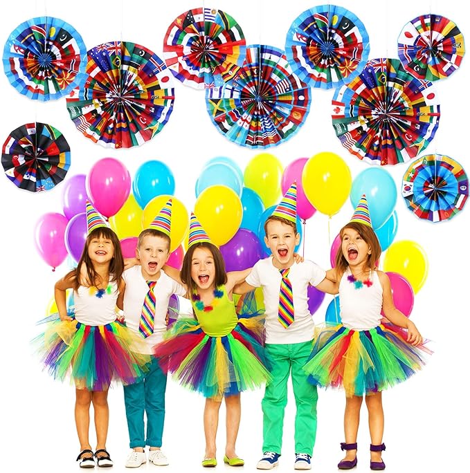 Outus 18 Pcs International World Flags Classroom Decorations Around the World Hanging Paper Fans Country Flags International Decor Party Banner Garland for Office Classroom Decor