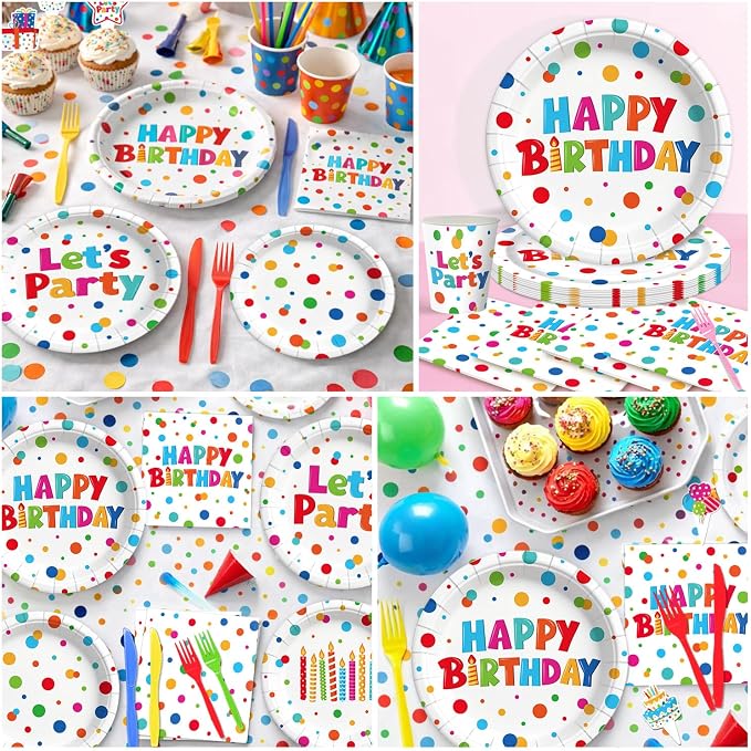 195 Pcs Birthday Party Supplies (Serves 24), Happy Birthday Party Dots Design Decorations Include Banner Hanging Plates Napkins Cups Forks Knifes Tablecloth Topper Balloons for Decorations