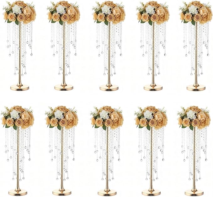 Bigsee 10 Pcs 21.65 inches Crystal Flower Stand Wedding Centerpieces for Tables, Tabletop Gold Metal Flower Arrangement Holder, Elegant Bulk Metal Vases for Reception Party Ceremony Decoration