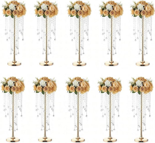 Bigsee 10 Pcs 21.65 inches Crystal Flower Stand Wedding Centerpieces for Tables, Tabletop Gold Metal Flower Arrangement Holder, Elegant Bulk Metal Vases for Reception Party Ceremony Decoration