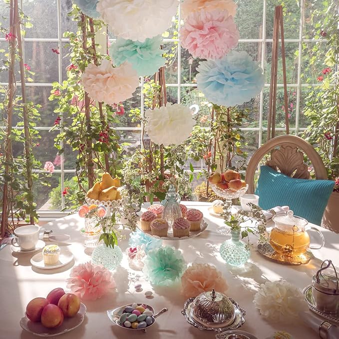 Pastel Tissue Paper Pom Poms - Hanging Paper Flowers for Rainbow Pastel Birthday Decorations, Baby Shower Decor, Easter Party Decor and Classroom Decorations by Avoseta (20pc)