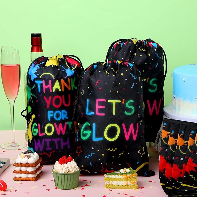 Sadnyy 36 Pieces Let's Glow Drawstring Bags Bulk Glow in The Dark Party Supplies Favor Gift Bag Neon Pouch for Goodie Retro 80s 90s