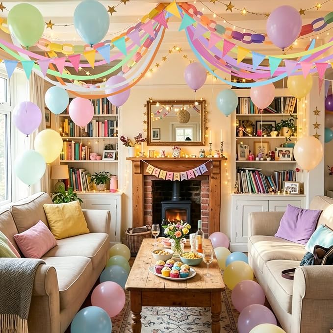 FYSUIMU Pastel Decorations 300Pcs Colorful Paper Chain Stripe 100Pcs Balloon 656 Ft Crepe Paper Streamer 65.6 Ft Gold Star Garland 13.1 Ft Flag Banner for Back to School Wedding Backdrop DIY Crafts