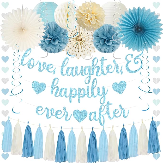 Roetyce Engagement Party Decorations, Blue Glitter Love Laughter & Happily Ever After Banner for Bridal Shower, Wedding Bachelorette Party Backdrop, Almost Married/Just Engaged Photo Background Decor
