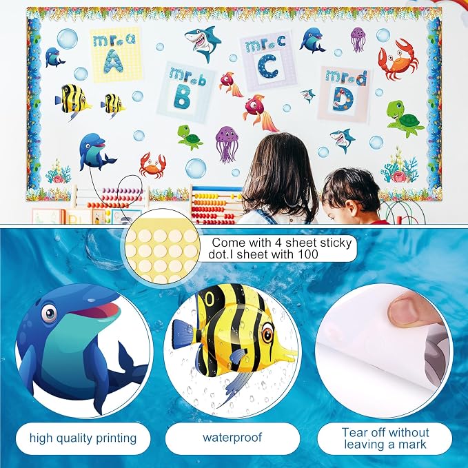 Kosiz Ocean Bulletin Board Decoration Set 118 ft Under The Sea Bulletin Board Borders Colorful Classroom Poster Border Trim with 257 Pcs Letter Number Symbol Cutout for School Decor