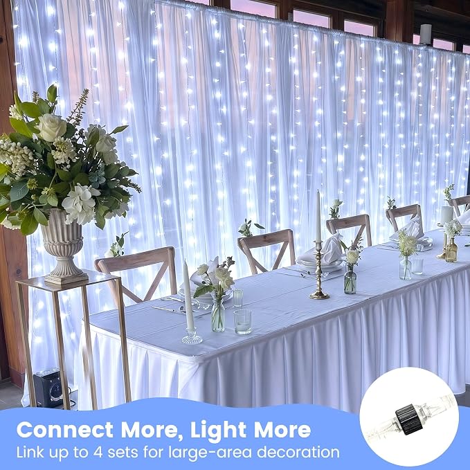 HEYFUNi 6.6FT x 6.6FT Cool White Curtain Lights Plug in, 200 LED | Window String Lights With Remote, 8 Modes, Timer, Memory, Connectable Fairy Lights for Bedroom Wall Wedding Dorm Decor, White